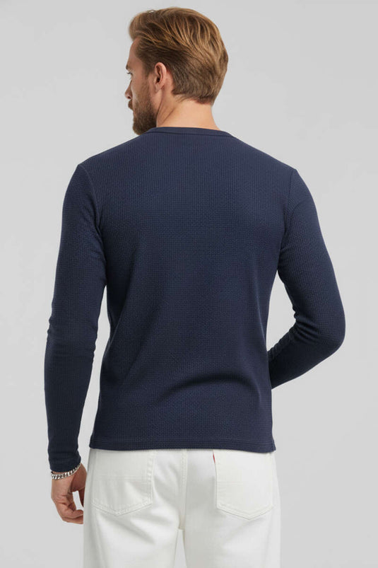 Crew Neck Waffle Men's Sweatshirt Navy Blue