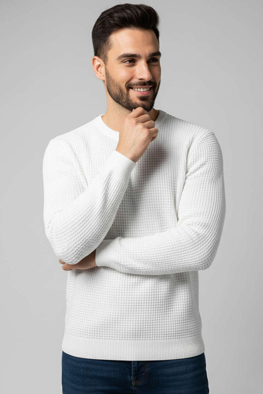 Pull homme en maille gaufrée à col rond, écru