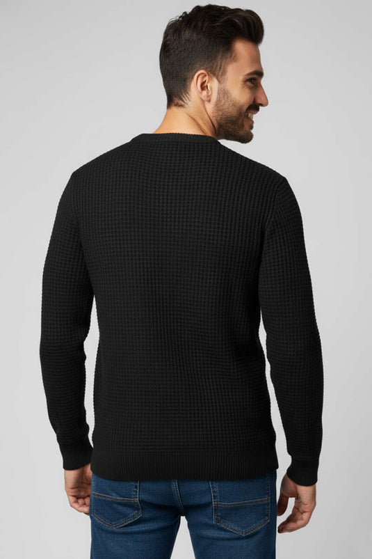 Pull en maille gaufrée à col rond pour homme, noir