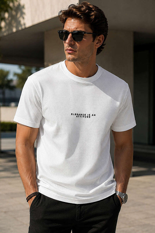 Bisiklet Yaka Waffle Kumaş Erkek T-shirt Beyaz