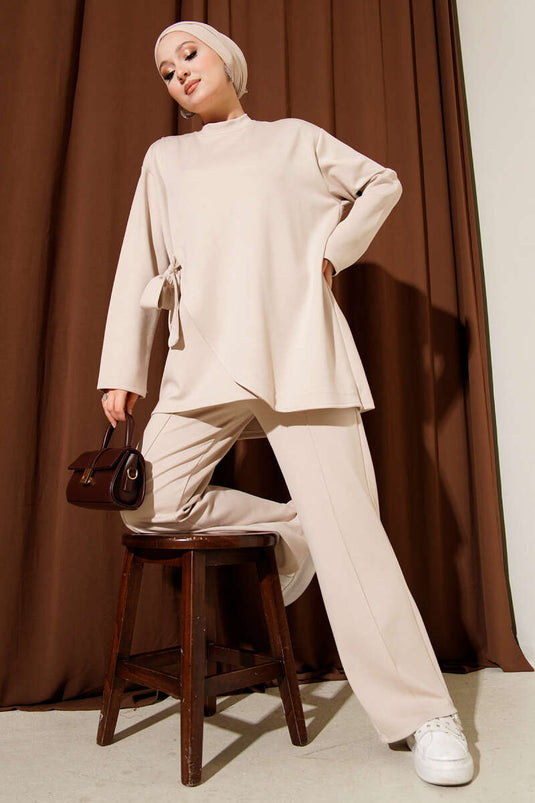 Crew Neck Two-Piece Set with Side Tie, Beige