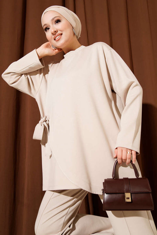 Crew Neck Two-Piece Set with Side Tie, Beige