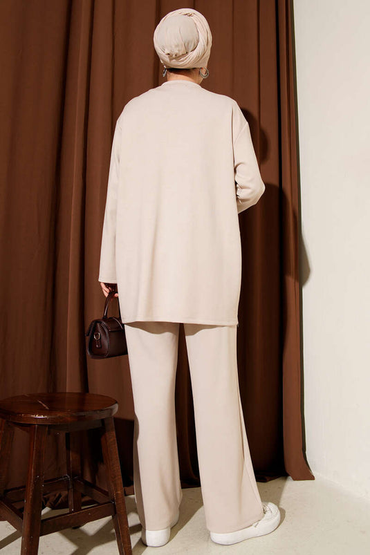 Crew Neck Two-Piece Set with Side Tie, Beige