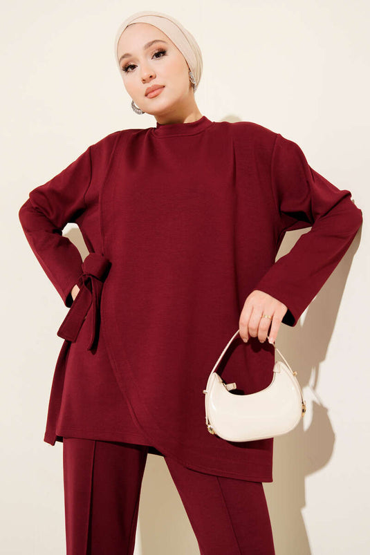 Two-Piece Set with Crew Neck and Side Tie, Burgundy