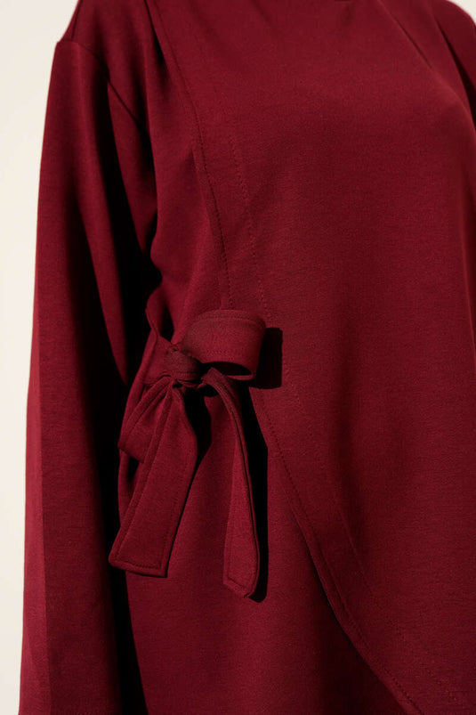 Two-Piece Set with Crew Neck and Side Tie, Burgundy