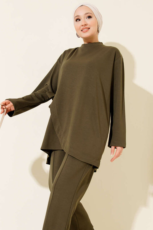 Crew Neck Side Tie Two Piece Suit Khaki