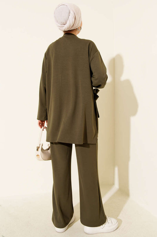 Crew Neck Side Tie Two Piece Suit Khaki