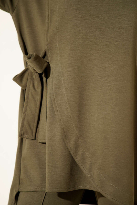 Crew Neck Side Tie Two Piece Suit Khaki