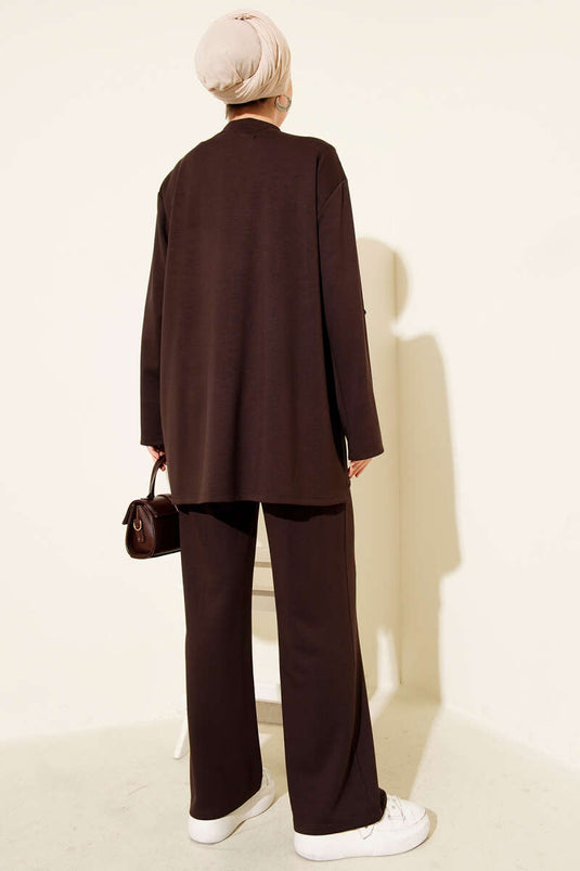 Bisiklet Yaka Yandan Bağlamalı İkili Takım Kahve