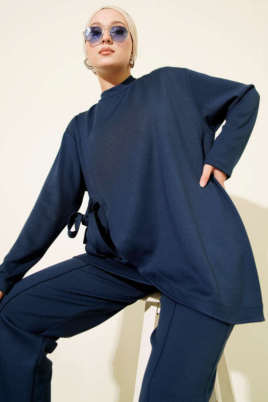 Crew Neck Two-Piece Set with Side Tie, Navy Blue