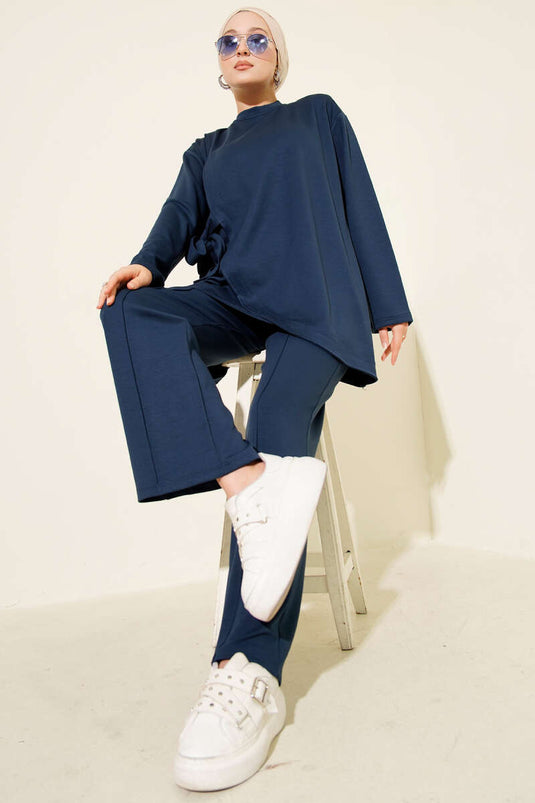 Crew Neck Two-Piece Set with Side Tie, Navy Blue