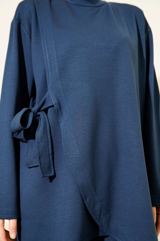 Crew Neck Two-Piece Set with Side Tie, Navy Blue