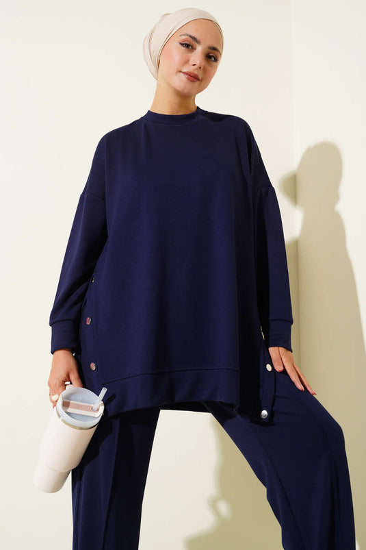 Crew Neck Two-Piece Set with Metal Buttons on the Sides, Navy Blue