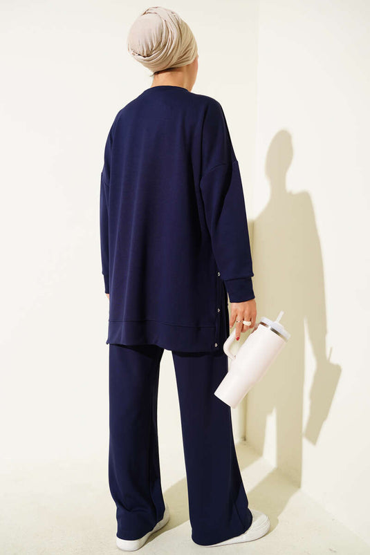 Crew Neck Two-Piece Set with Metal Buttons on the Sides, Navy Blue