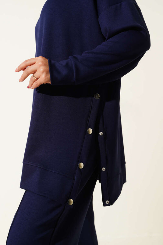 Crew Neck Two-Piece Set with Metal Buttons on the Sides, Navy Blue