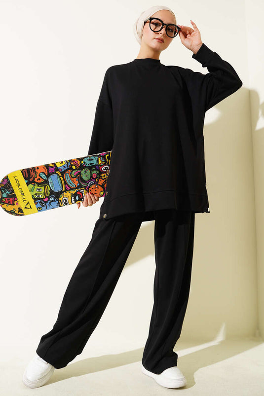 Crew Neck Two-Piece Set with Side Metal Buttons - Black