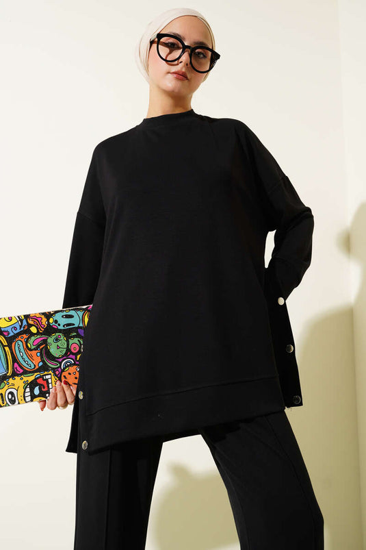 Crew Neck Two-Piece Set with Side Metal Buttons - Black