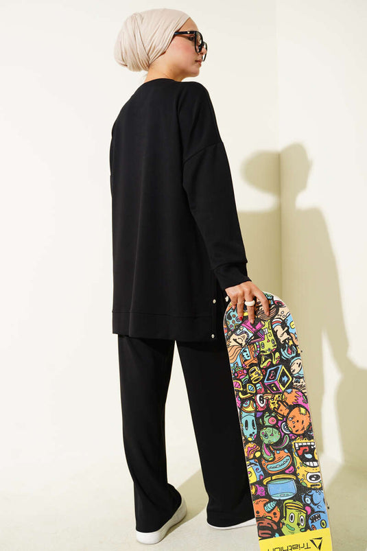 Crew Neck Two-Piece Set with Side Metal Buttons - Black