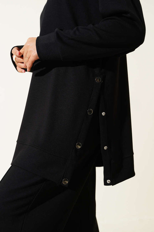 Crew Neck Two-Piece Set with Side Metal Buttons - Black