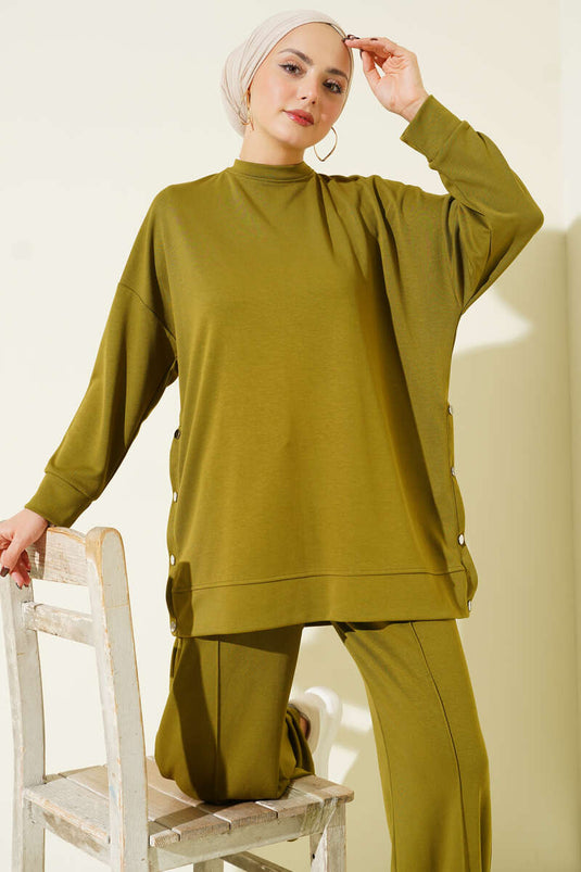 Bisiklet Yaka Yanları Metal Düğmeli İkili Takım Yağ Yeşili