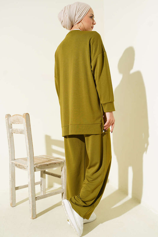 Bisiklet Yaka Yanları Metal Düğmeli İkili Takım Yağ Yeşili