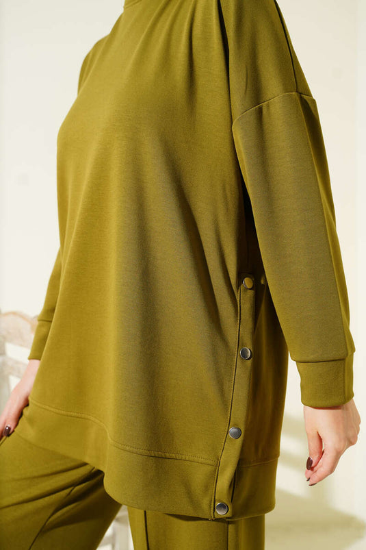 Bisiklet Yaka Yanları Metal Düğmeli İkili Takım Yağ Yeşili