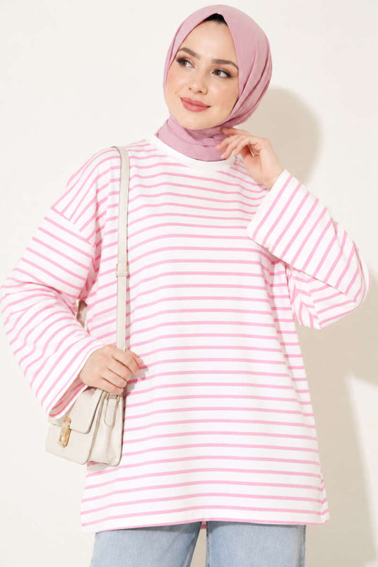 Tunika Rosa A Righe Con Collo A Bicicletta Oversize