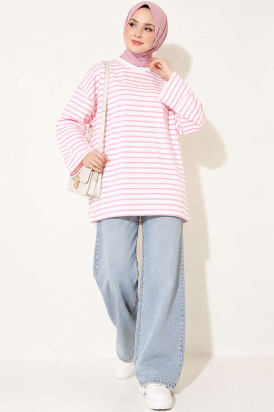 Tunika Rosa A Righe Con Collo A Bicicletta Oversize