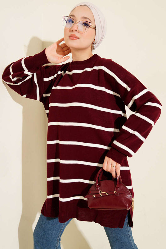 Stricktunika mit Rundhalsausschnitt, horizontal gestreift, burgunderrot