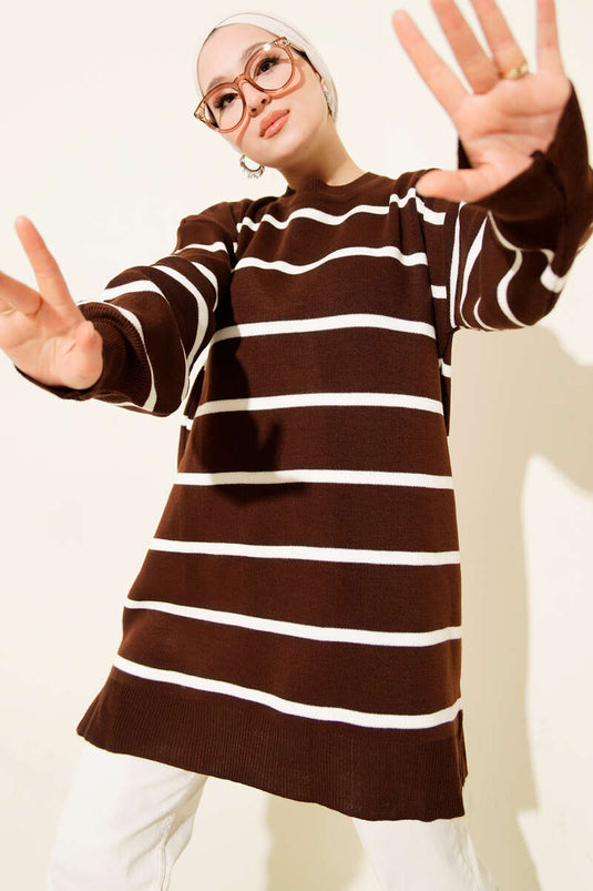 Crew Neck Horizontal Striped Knit Tunic Brown