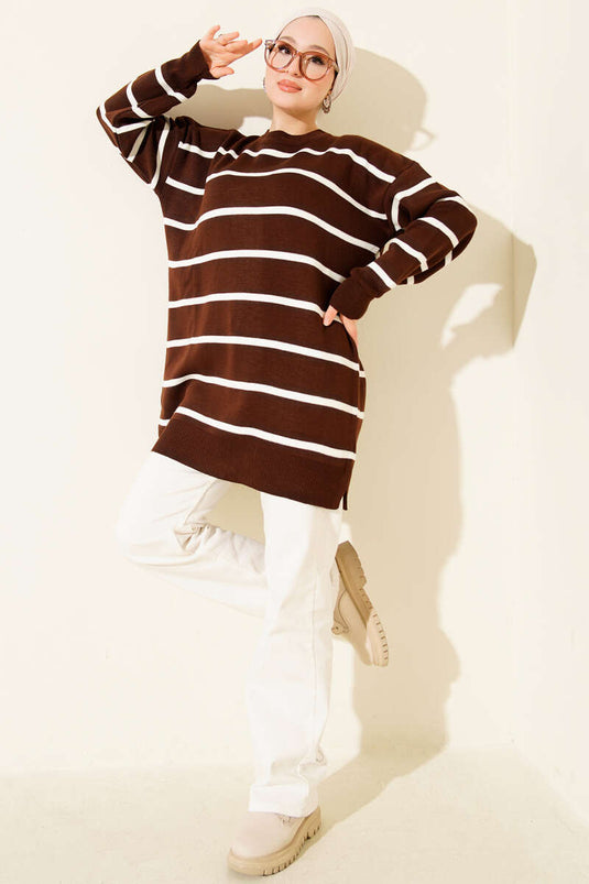 Crew Neck Horizontal Striped Knit Tunic Brown