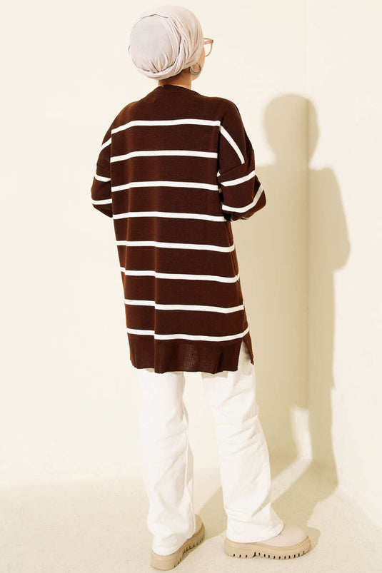Crew Neck Horizontal Striped Knit Tunic Brown