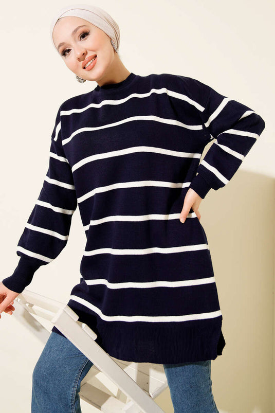 Crew Neck Horizontal Striped Knit Tunic Navy Blue