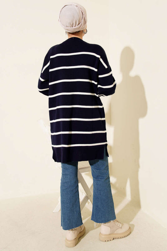 Crew Neck Horizontal Striped Knit Tunic Navy Blue