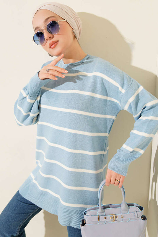 Crew Neck Horizontal Striped Knit Tunic Blue