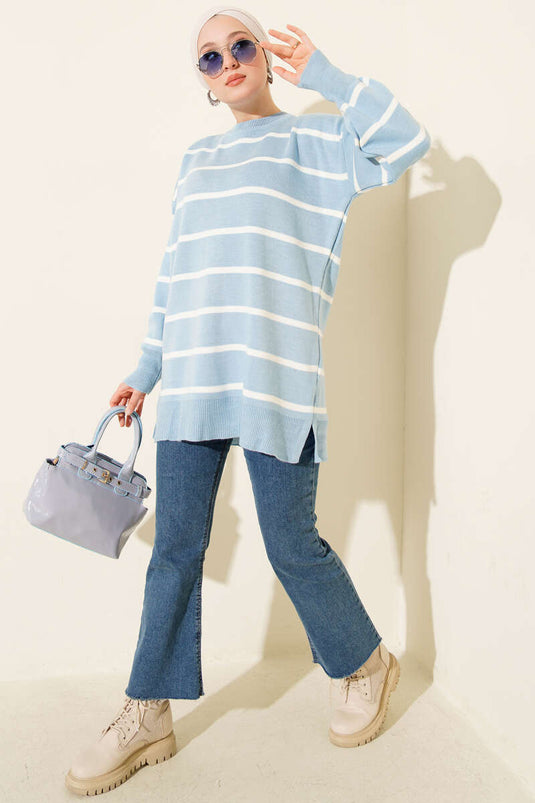 Crew Neck Horizontal Striped Knit Tunic Blue