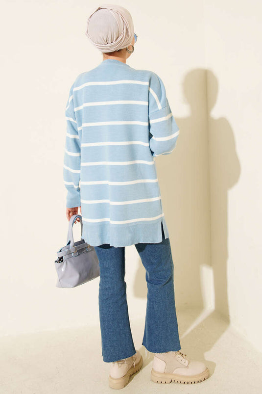 Crew Neck Horizontal Striped Knit Tunic Blue