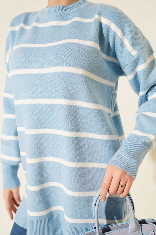 Crew Neck Horizontal Striped Knit Tunic Blue