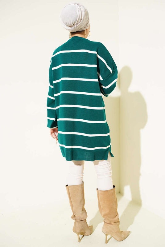 Crew Neck Horizontal Striped Knit Tunic, Navy Blue