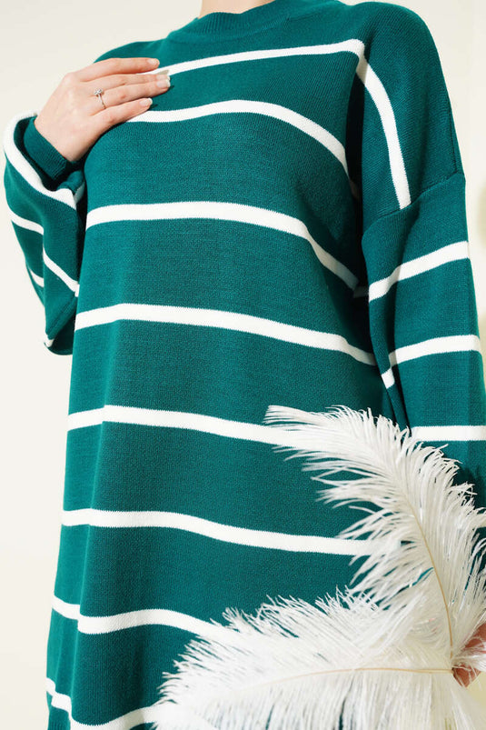 Bisiklet Yaka Yatay Çizgili Triko Tunik Nefti