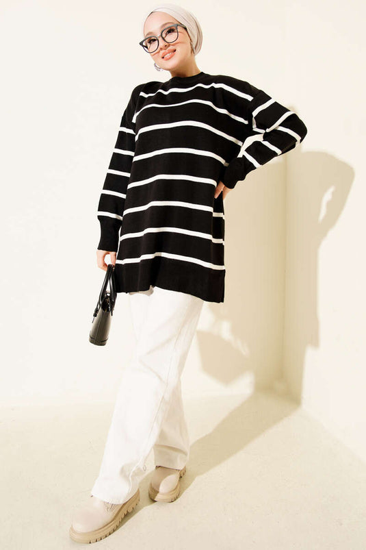 Crew Neck Horizontal Striped Knit Tunic Black