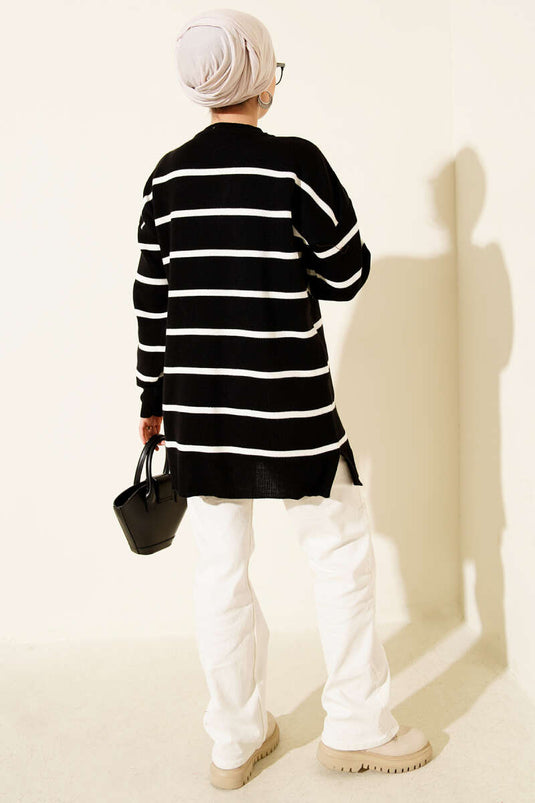 Crew Neck Horizontal Striped Knit Tunic Black