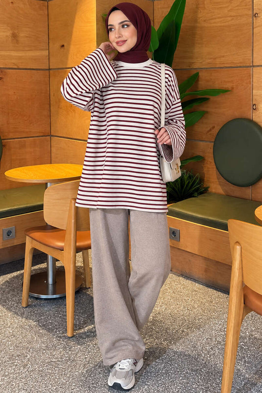 Striped Long Tunic With Crew Neck And Side Slit In Eggplant