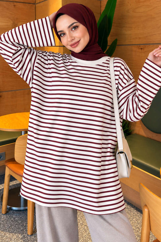 Striped Long Tunic With Crew Neck And Side Slit In Eggplant