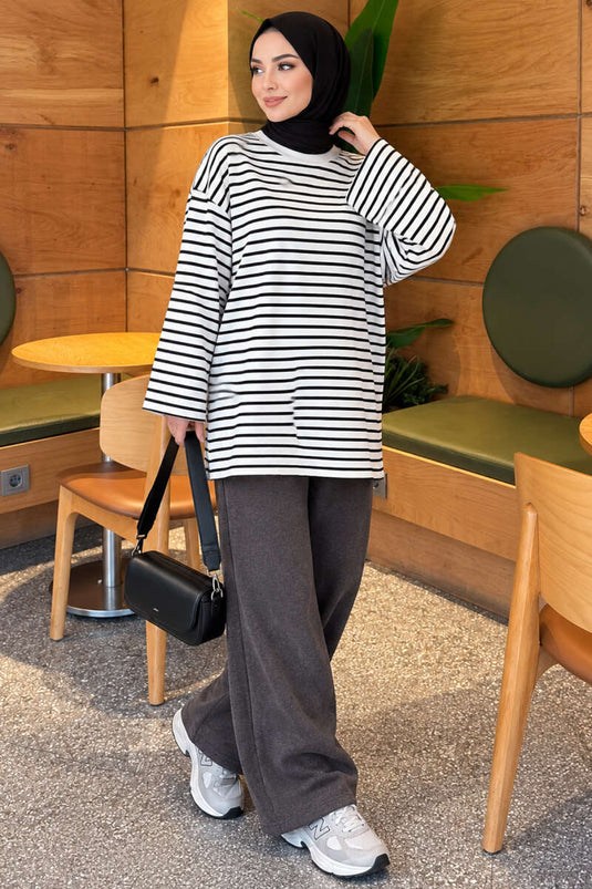 Black Striped Bicycle Neck Tunic With Side Slit