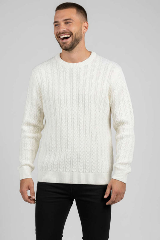 كنزة صوفية رجالية محبوكة بنمط اتجاهي، بياقة دائرية، لون بيج فاتح