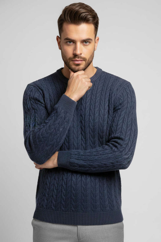 كنزة صوفية رجالية محبوكة بنمط اتجاهي وياقة دائرية، لون نيلي