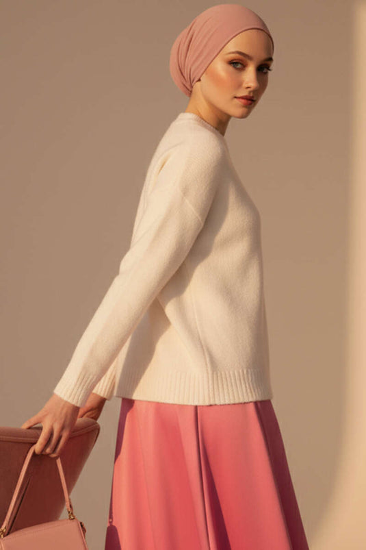 Bisiklet Yaka Yumoş Triko Kazak Beyaz