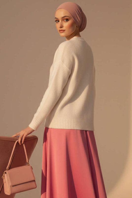 Bisiklet Yaka Yumoş Triko Kazak Beyaz