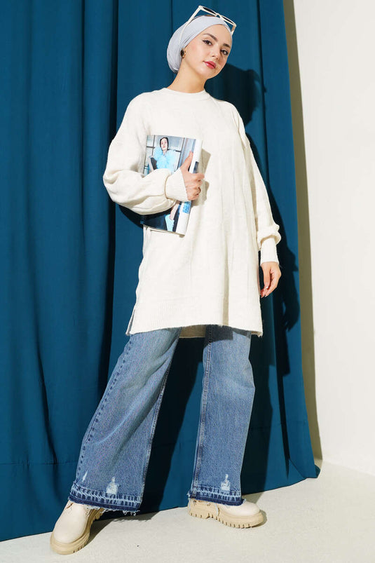 Crew Neck Soft Side Slit Knit Tunic Stone